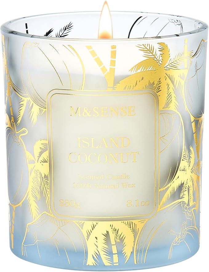 M&SENSE Coconut Soy Candle, 8.1oz Gilded Glass Summer Island | 42H Slow Burn, Natural Soy Wax, Gilded Glass, Tropical Coconut, Sensitive-Friendly
