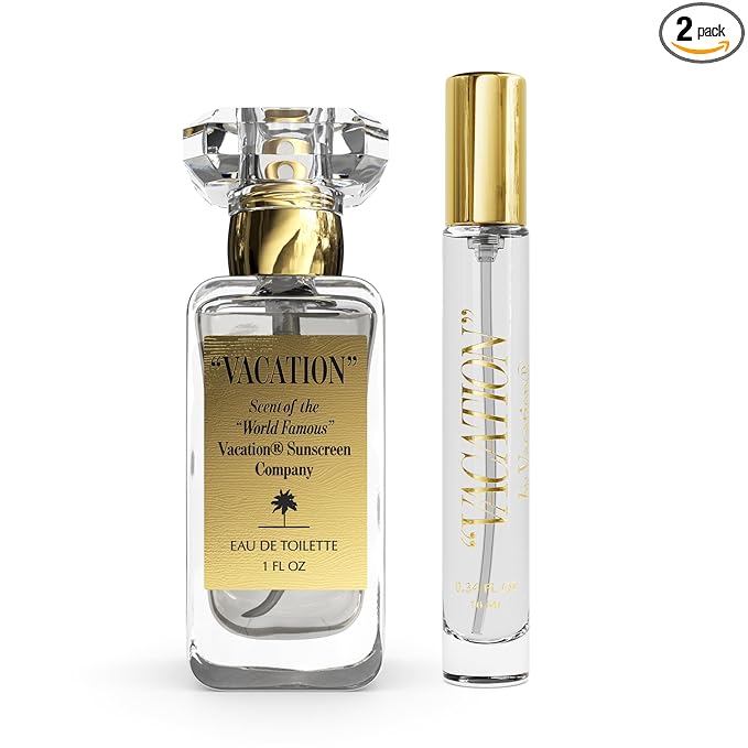 VACATION Sunscreen Eau de Toilette Bundle, Beach Coconut Perfume, Unisex Scent of Sunscreen & Summer, Bundled Travel Size Perfume Gift Set, Full Size 1 Fl. Oz. + Mini 0.338 Fl. Oz.