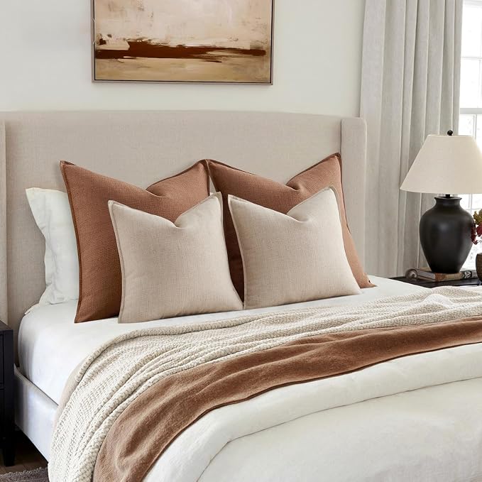 MIULEE Thick Textured Decorative Throw Pillow Covers 20x20 in Oatmeal Linen | Set of 2, Linen Blend Pillow Cover, Flange Edge Design, Farmhouse Modern Boho Style, Bed Couch Living Room Decor
