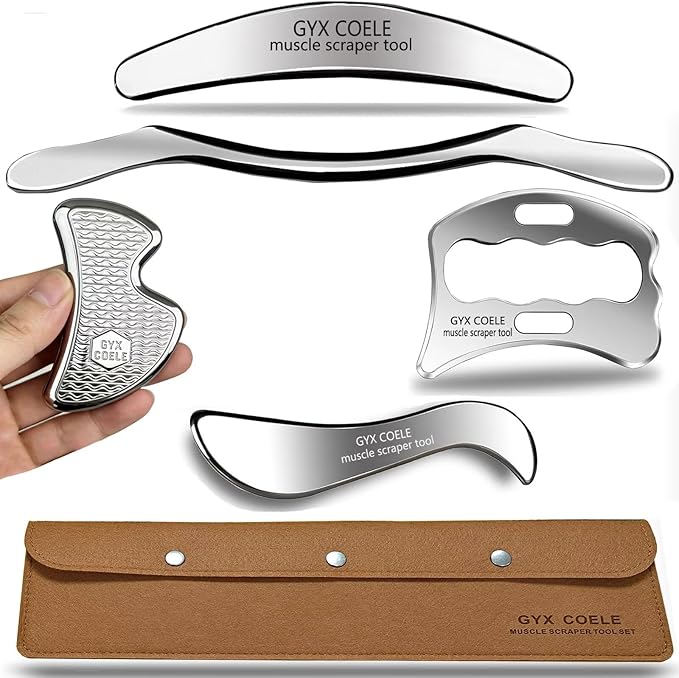 Muscle Scraper Tool Set, Stainless Steel IASTM Tools for Physical Therapy, Scar Tissue Breakdown, Fascia Release, 5 Piece Kit with Carrying Case
