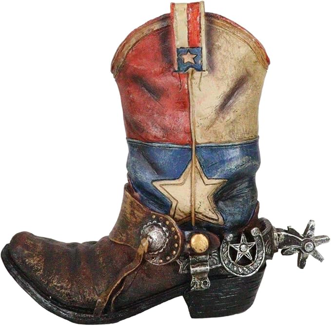 Ebros Gift Patriotic Texas State Flag Western Star Rustic Antiqued Cowboy Boot with Spur Hand Painted Resin Decorative Flower Bouquet Vase Or Planter Figurine American Spirit Home Decor Accent