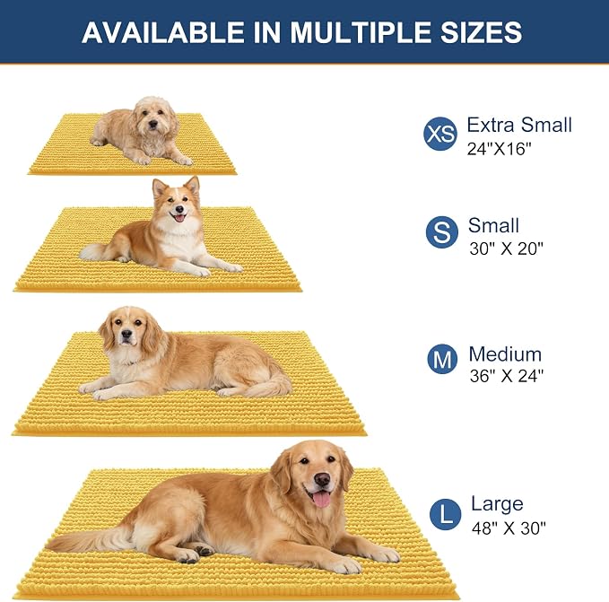 OLANLY Dog Door Mat for Muddy Paws 44x24, Extra Absorbent Chenille Mud Mat | Yellow, Absorbs Moisture and Dirt, Non-Slip Machine Washable Doormat, Quick-Drying Indoor Entryway Floor Mat for Dogs