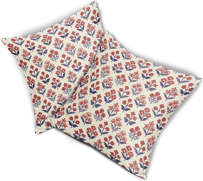 4th of July Patriotic Floral Block Print Pillow Covers 20x20 Inch Set of 2, Navy Blue Red Vintage Flower Decorative Throw Pillowcases Outdoor Memorial Day Cushion Covers Holiday Sofa Couch Bed Decor