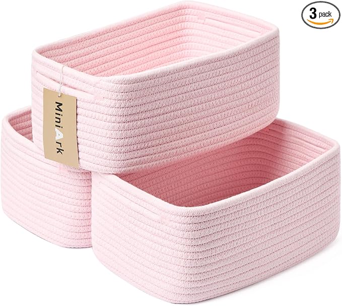 MiniArk Small Storage Baskets for Organizing | Closet Organizer Bins | Shelf Toy Basket | Woven Rope Baskets | Cube Decorative Box | Shallow Basket | 13x8.5x5.1” | 3 Packs Light Pink
