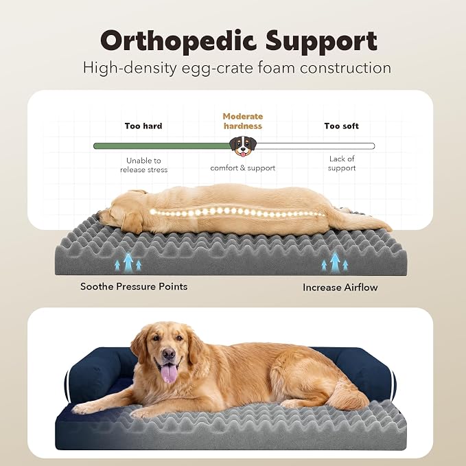 Orthopedic XL Dog Bed with Bolster for Extra Large Size Dogs | Pillow Support for Neck Relief, Egg Crate Foam, Skin-Friendly Surface, Waterproof Liner, Anti-Slip Bottom, 42 x 30 Inch