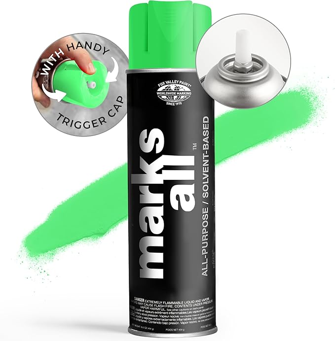 Fox Valley 18oz Marks All Solvent-Based Marking Paint Spray, 12-Pack Green Fluorescent – Long-Lasting, Weather-Resistant Spray Paint for Wet or Dry Surfaces Like Metal, Grass, Concrete, Wood, & More