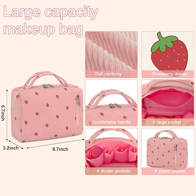 Bluboon Makeup Bag Zipper Pouch Travel Portable Cosmetic Bag Organizer for Women and Girls(Corduroy Pink Strawberry)