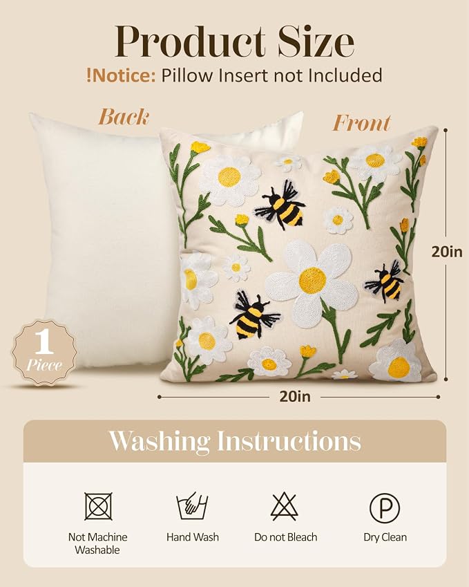 Embroidered Throw Pillow Cover 20x20 Inch, Flower Bee | Decorative Pillow Cover, Floral Farmhouse Cushion Case with Hidden Zipper, Home Decor for Couch, Sofa, Living Room, Bedroom