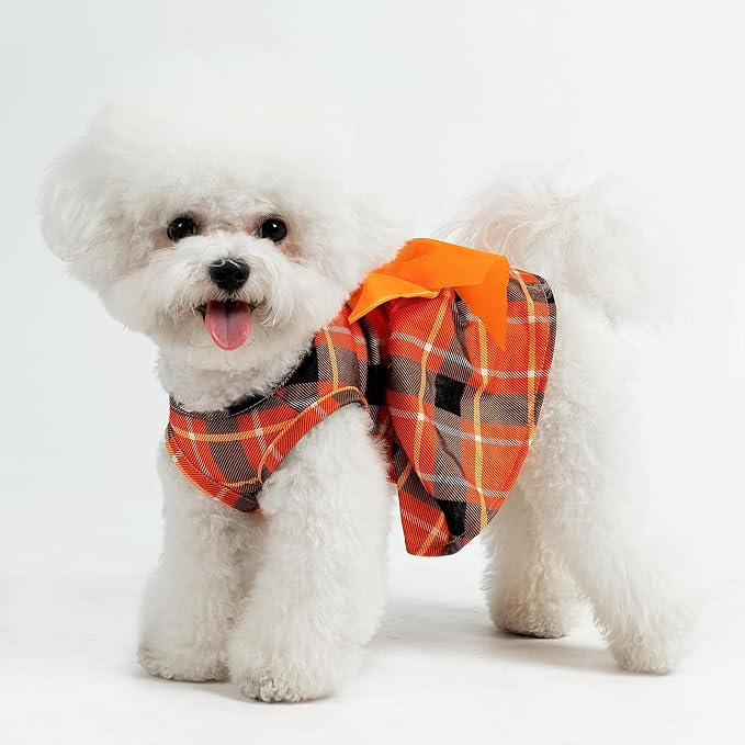 PUPTECK Plaid Dog Dress with Bow Puppy Clothes for Autumn, Orange Plaid L | Puppy Doggie Pet Clothes Outfits Apparel Costume for Wedding Anniversary Birthday Photoshoot for Small Medium Large Dogs Girl