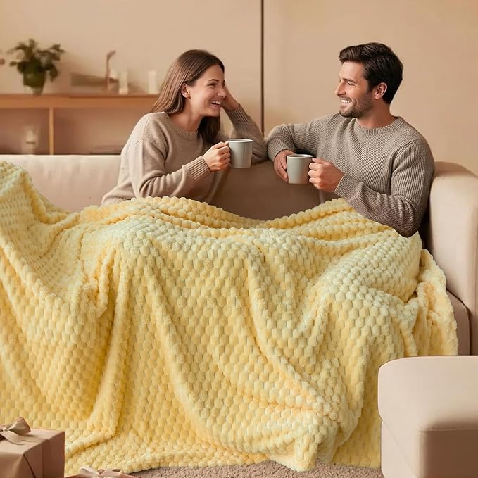 Vessia Flannel Fleece Throw Blanket(50x60 inch), 3D Jacquard Light Yellow Fuzzy and Warm Blanket for Couch, Sofa, Bed, Chair, 300GSM Super Soft Touch Cozy Lightweight Throw for All-Season Home Decor