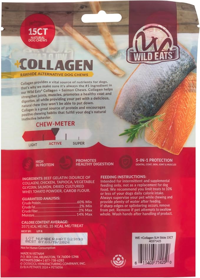 Wild Eats Real Salmon Collagen Bully Sticks for Dogs, 15 Count, 1cm Thick | Long lasting chew treats, satisfies natural gnawing urges, keeps pups busy and engaged, suits small, medium and big breeds