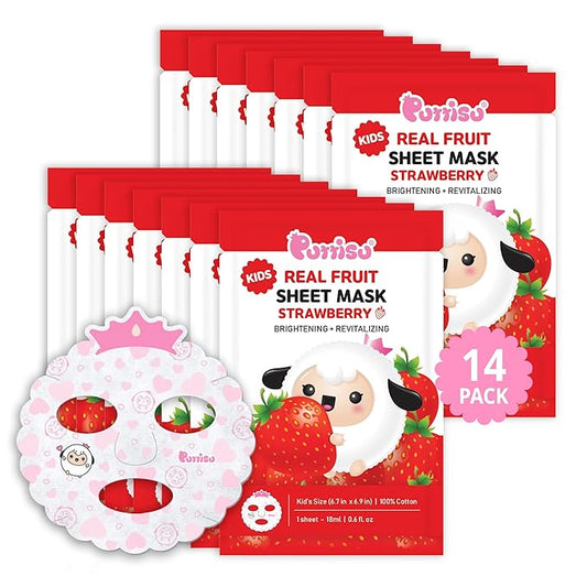 Puttisu Real Fruit Facial Mask Sheet for Kids, Children - Made with 100% Cotton, Moisturize, Sooths and Hydrates Skin (Strawberry- Pack of 14)