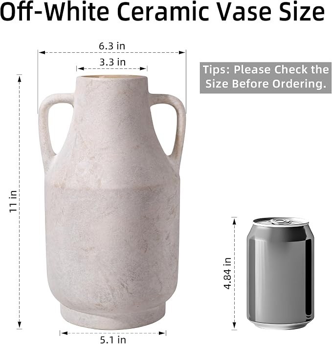 Ceramic Flower Vase with Handles, 11 Inch Tall Rustic Vase, Large Terracotta Pottery Vase for Home Decor, Farmhouse Decorative Vase for Living Room Kitchen Table Shelf Bedroom Decor