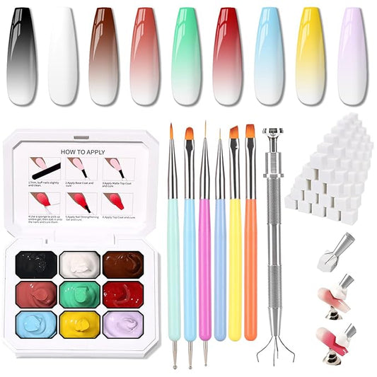 Christmas Gel Polish, 9 Colors Ombre Patting Gel Nail Polish Palette 100 Sponges 6 Brushes 1Grabber, Blending Color Gradient Painting Nails Art, No Wipe, UV/LED Cured (Set 03)