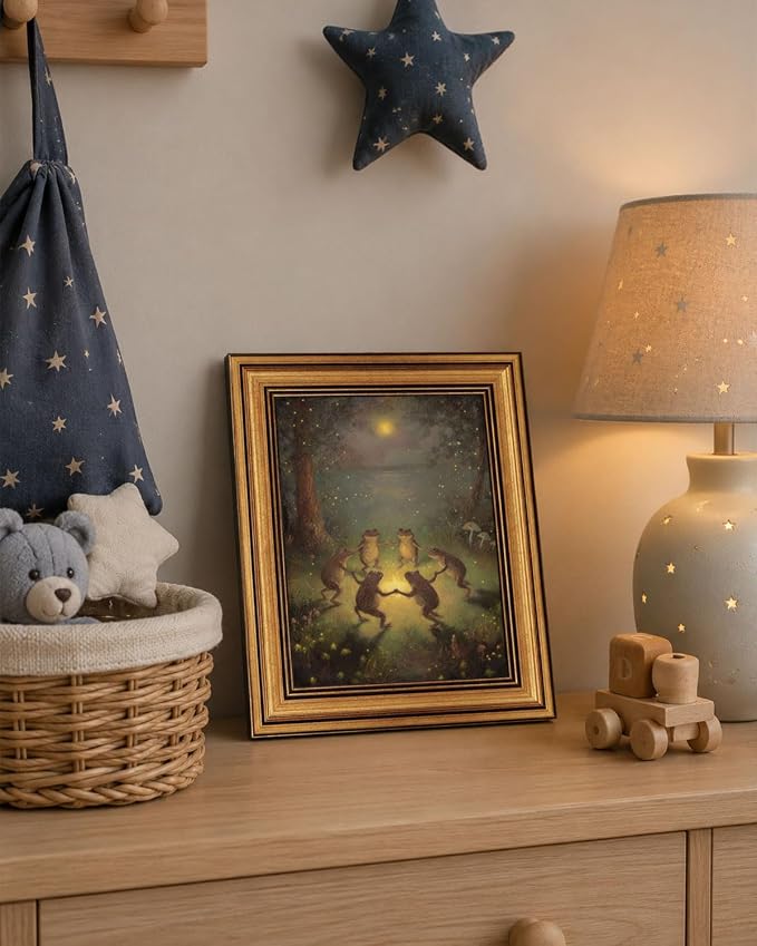 Gold Framed Wall Art, Vintage Whimsical Dancing Frogs Canvas Prints, Moonlight Woodland Animal Picture Wall Decor, Dark Academia Cottagecore Forest Artwork for Nursery Bedroom 12x16 inch