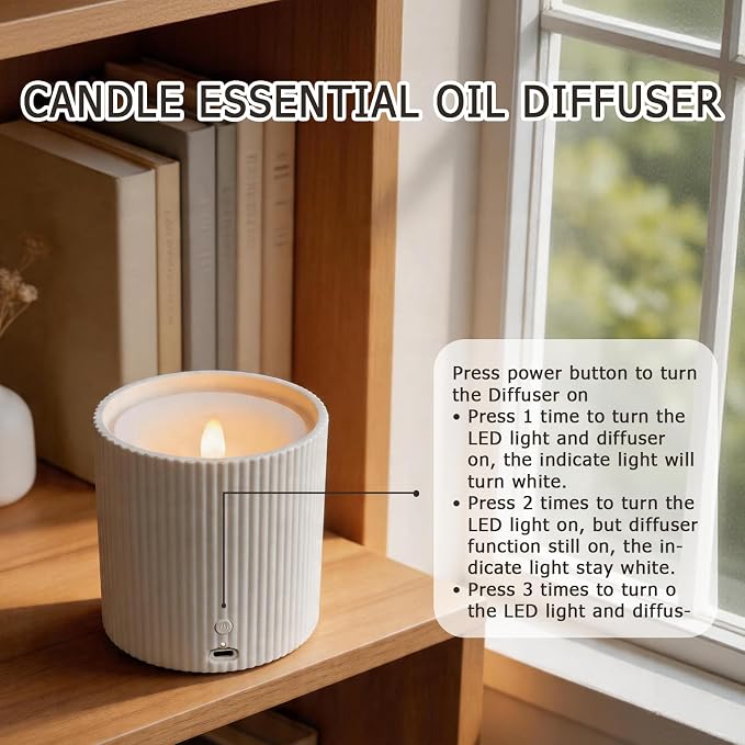 NO-Battery 2 in 1 LED Candle Waterless Diffuser and 3D Wick and Realistic Flame Candle,Flameless Candle Diffuser,Waterless Essential Oil Diffuser with 12PCS Cotton Pads(Only Connect USB Line Use)