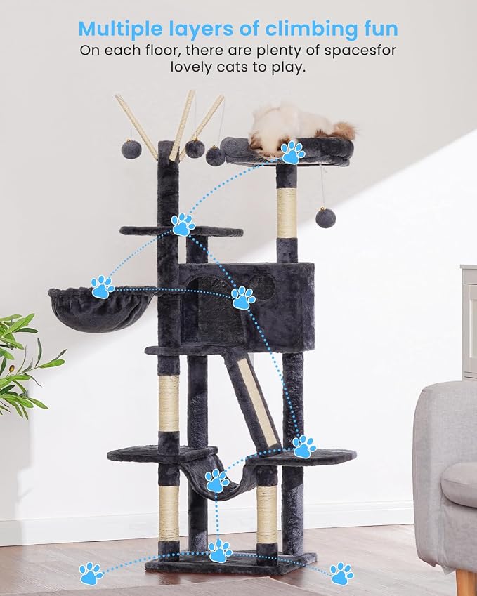 Hey-brother Cat Tree Tower with Padded Platform Bed, Hammock, MPJ019-SG | 53 Inches Cat House with Large Cozy Condo, Toy Balls and Sisal Scratching Posts for Indoor Multi-Cats, Smoky Gray