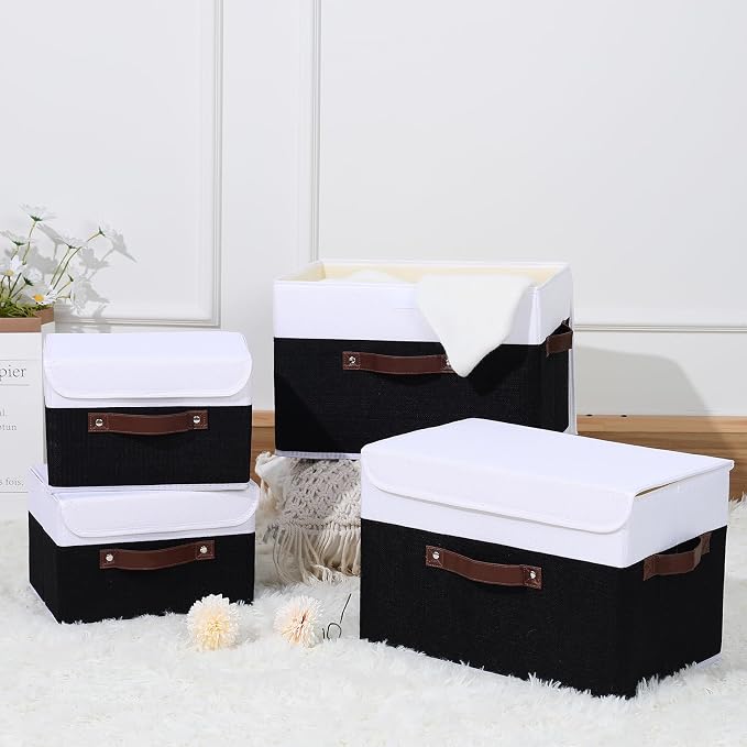 ANMINY Fabric Storage Box Bins with Lids, Black White, 15"x10"x10", 2 Pack | Keepsake Memory Storage, Cotton Linen, PP Board Reinforced, Washable, PU Handles, Foldable & Stackable, Decorative, Large