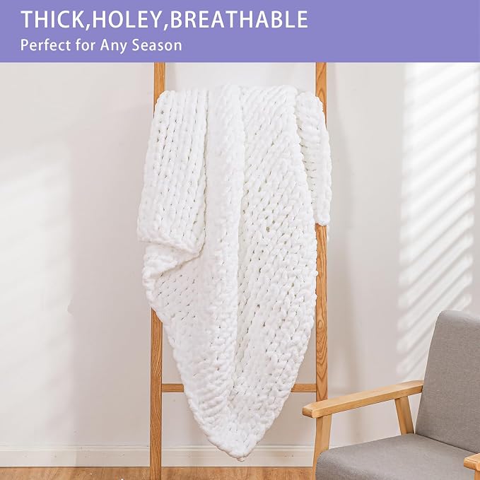 Bigacogo Chunky Knit Throw Blanket for Couch, 40x40 inches, Pure White | Hand Knit with Jumbo Chenille, Soft Breathable Cable Knit for Sofa Bed Living Room, Machine Washable, Gift for Mom Friend