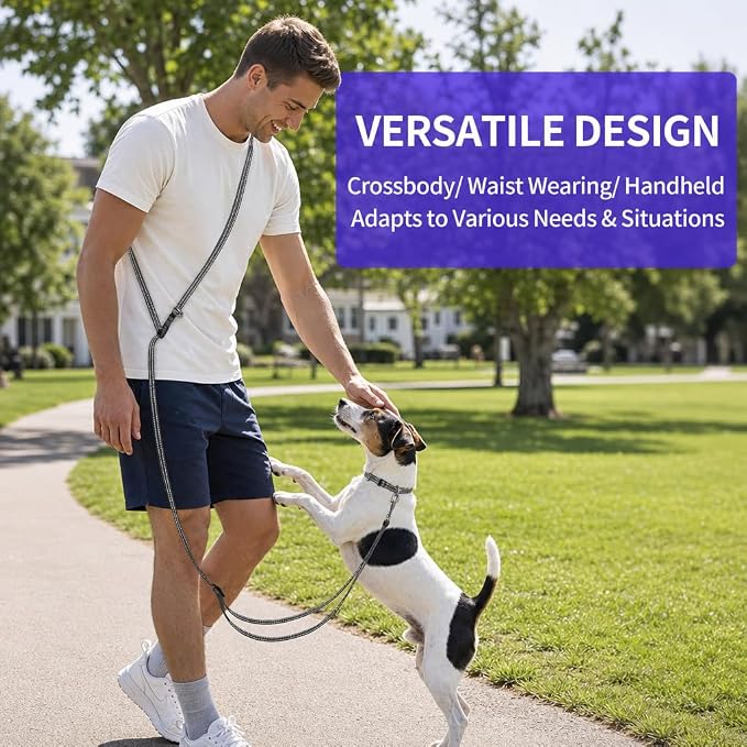 Kazazoo Hands-Free Dog Leash Adjustable Length 5-8Ft,Crossbody & Waist for Dog Walking, Running for Small Dogs with Reflective Strips, Ballistic Nylon, Waist Belt, Lightweight Black