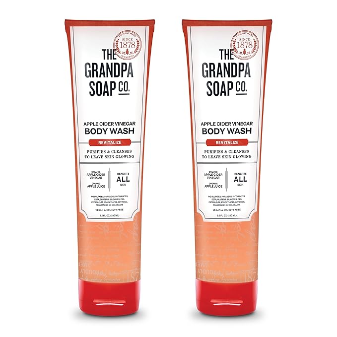 The Grandpa Soap Company Apple Cider Vinegar Body Wash - Purifies and Cleanses to Leave Skin Glowing, With Appl Cider Vinegar and Apple Juice, Helps Revitalize Skin, Vegan, 9.5 Fl Oz, 2 Pack