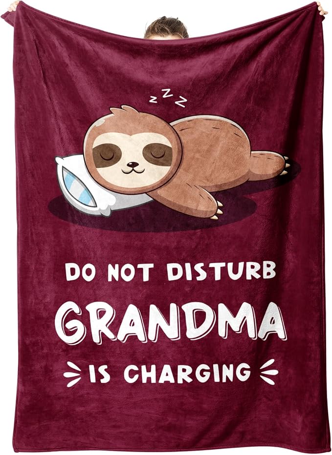 Leebbsin Funny Gifts for Grandma, Grandma Birthday Gift from Grandkids | Grandma is Charging Sloth Blanket 60" x 80" Burgundy, Grandmas Gift for Christmas Mothers Day, Soft Sloth Blanket for Grandma