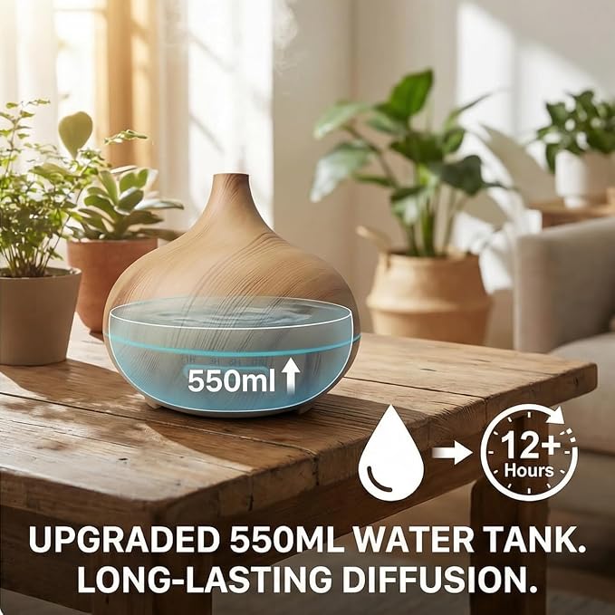 550ml Large Capacity Essential Oil Diffuser with 6 Essential Oil Set, Remote Control Ultrasonic Diffuser,Humidifier for Home Decor,7 Color LED Light with Waterless Auto-Off (Light)