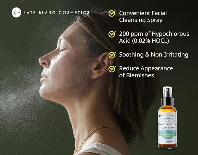 Kate Blanc Cosmetics Hypochlorous Acid Spray for Face and Skin. Gentle Facial Cleanser for Acne-Prone & Sensitive Skin with .02% HOCl (2oz)
