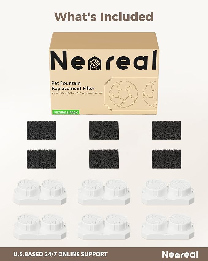 Neareal Official 6-Pack Replacement Filters for 74oz/2.2L Pet Fountain | Replacement Set Includes 6 Filters and 6 Pre-Filter Sponges, Replace Every 1–2 Weeks