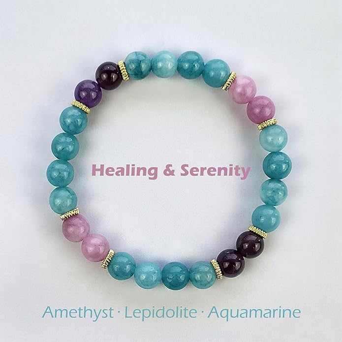 Healing & Serenity Gemstone Bracelet Real Natural Crystal Stretch Bracelet 8mm Amethyst, Lepidolite & Aquamarine Beads for Calm Stress Relief & Emotional Peace