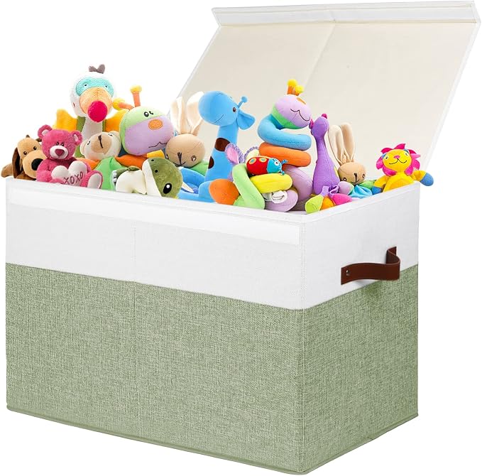Large Toy Storage Box with Lid, Toy Chest Bin Boxes Basket with Dividers | Sturdy Toy Organizer Bin for Kids, Boys, Girls, Nursery, Living Room, Bedroom, Playroom 25"x13" x16" (Green and White)