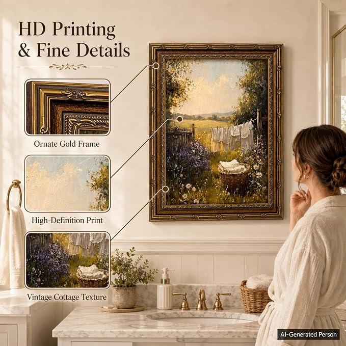 Laundry Room Wall Art, Vintage Gold Framed Farmhouse Landscape, 12x16in | Retro cottagecore country landscape with carved gold frame for laundry room, washroom, bathroom, or farmhouse home decor