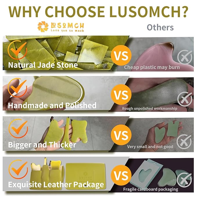 Lusomch 3PC Gua Sha Tools Set - Natural Nephrite Jade Facial & Body Stones, Hypoallergenic Skin Care Kit with Adjustable Cord & A Thoughful Acessory Pouch