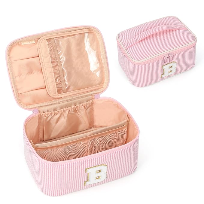 OCHEAL Makeup Bag Valentines Day Gifts for Women, Monogram Cosmetic Bag Pink Travel Makeup Case Beauty Toiletry Bag Organizer Personalized Gifts for Girls Bridesmaid, Sister, Wife, Friends Initial B