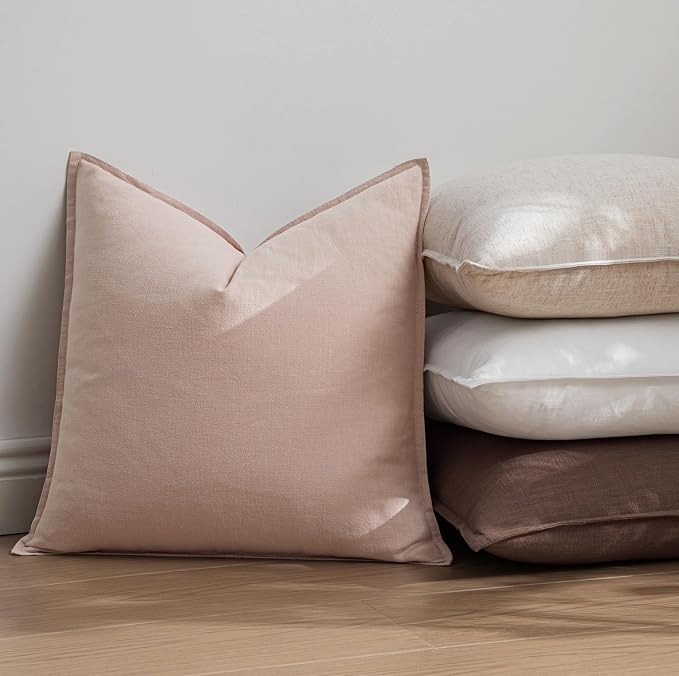 EMEMA Decorative Linen Throw Pillow Covers 20x20 Inch Pink | Boho Farmhouse Neutral Couch Throw Pillows for Bed Pack of 2 Accent Pillowcase Modern Sofa Cushion Livingroom Home Decor