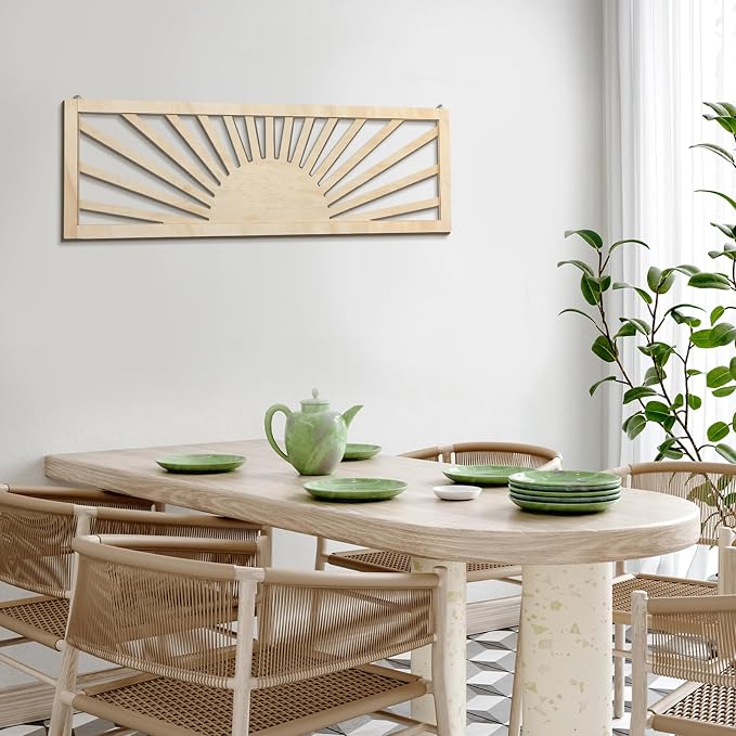Burbell Horizontal Sun Wall Art 35"x12" Boho Wooden Room Decor,Wood Color | Long Panoramic Sun Art Above Bed, Vintage Bohemian Design, Carved Hollow Frame, Farmhouse Decor for Living Room Bedroom