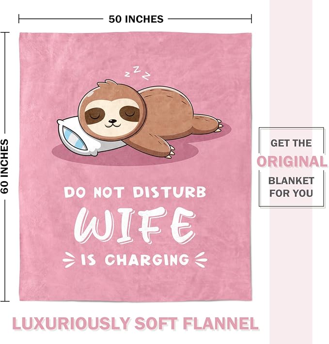 Leebbsin Funny Gifts for Wife, Anniversary Wedding Gifts for Wife | Wife is Charging Sloth Blanket 60" x 50", Pink, Christmas Mothers Day Birthday Gift for Wifey from Husband