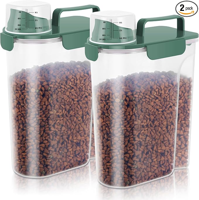 LEAWALK 5-7lbs Cat Dog Storage Container Portable with Upgraded Large Spout and Cup, Plastic Pet Food Dispenser BPA-Free for Small Animal Kibble, Bird Seed, Oatmeal, Rice, Flour-2Pack Royal Green