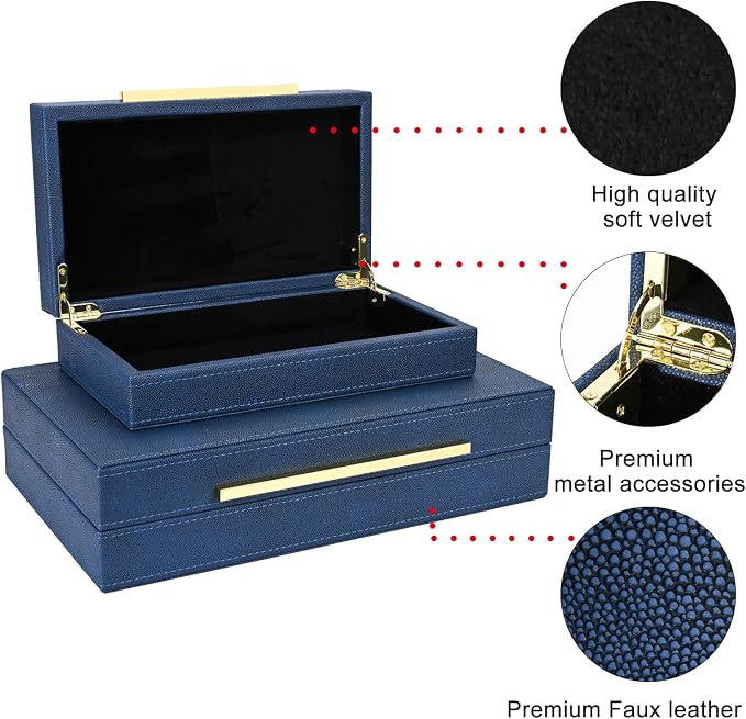 Navy Blue Shagreen box Set of 2 Faux Leather Decorative Boxes,Large Nesting Storage Decorative Boxes with Lids for Modern Home Decor Stacking Jewelry Box Organizer