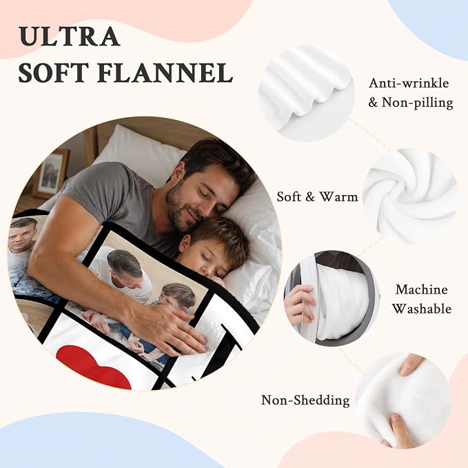 Fathers Day Birthday Gift for Dad Custom Blanket with 6 Photo & Text, Personalized Blankets with Picture to My Dad, HD Printing Customized Flannel Throw Blanket Gifts for Best Daddy Grandpa Ever