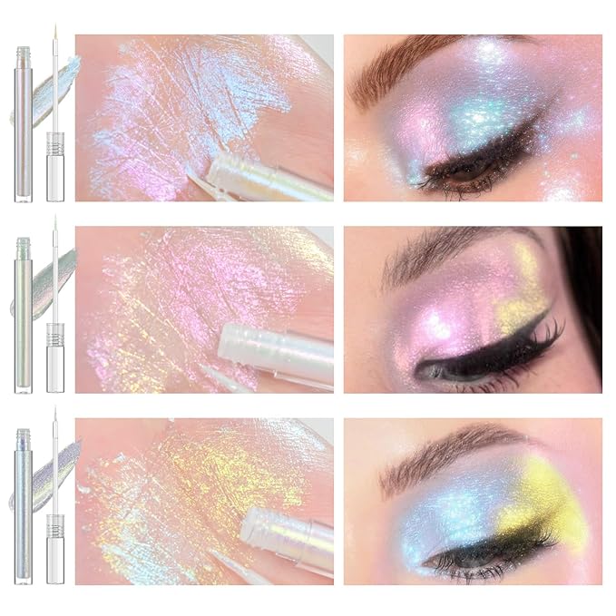 Multichrome Liquid Eyeshadow Set,3PCS Multi-Dimensional Fairy Makeup,High Pigment Waterproof Aurora Eye Shadow,Ultre Fine Tip Glitter Eyeliner (01 Aurora+02 Twilight+03 Moonbow)