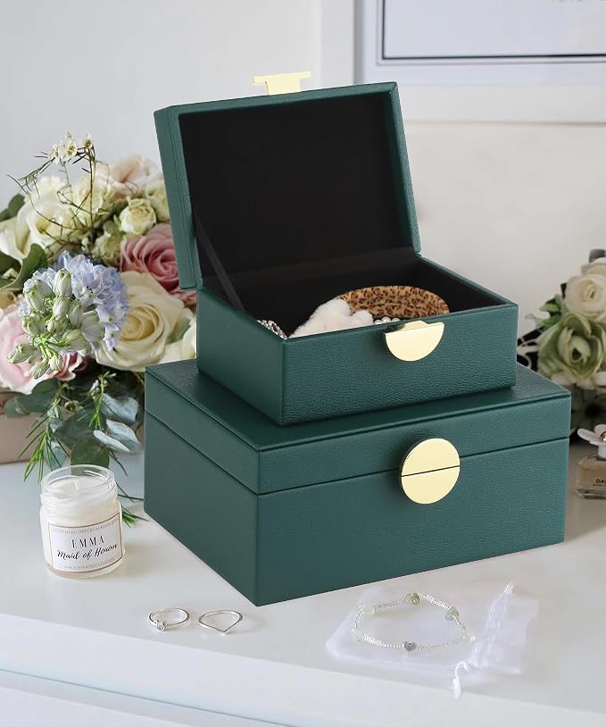 HofferRuffer Faux Leather Jewelry Boxes, Decorative Boxes Storage Accessory Organizer with Gold Hardware Decor, Classic Vegan Leather Set of 2 Pieces (Green)