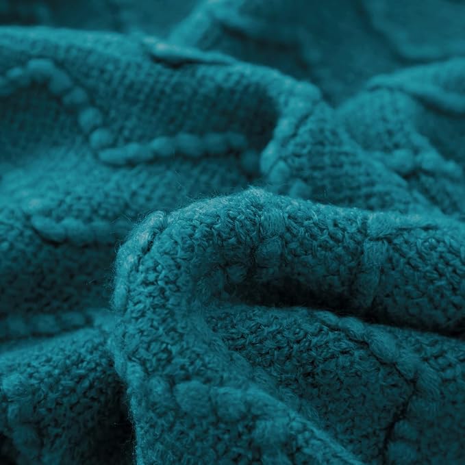 BOURINA Teal Throw Blanket 50x90 Inch Boho Knitted Soft Throw Sofa Blanket | Knitted Throw Blanket 50x90 Inches, Soft Lightweight Boho Weave Throw Decorative Couch Blanket for Living Room Bedroom Chair