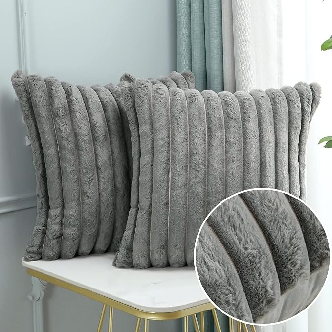 Soleebee Set of 2 Throw Pillow Covers Soft Cozy Velvet Pillowcase Faux Rabbit Fur Cover for Couch Sofa Bed Chair Home Decorative Pillows Cover (18x18 Inch, Grey)