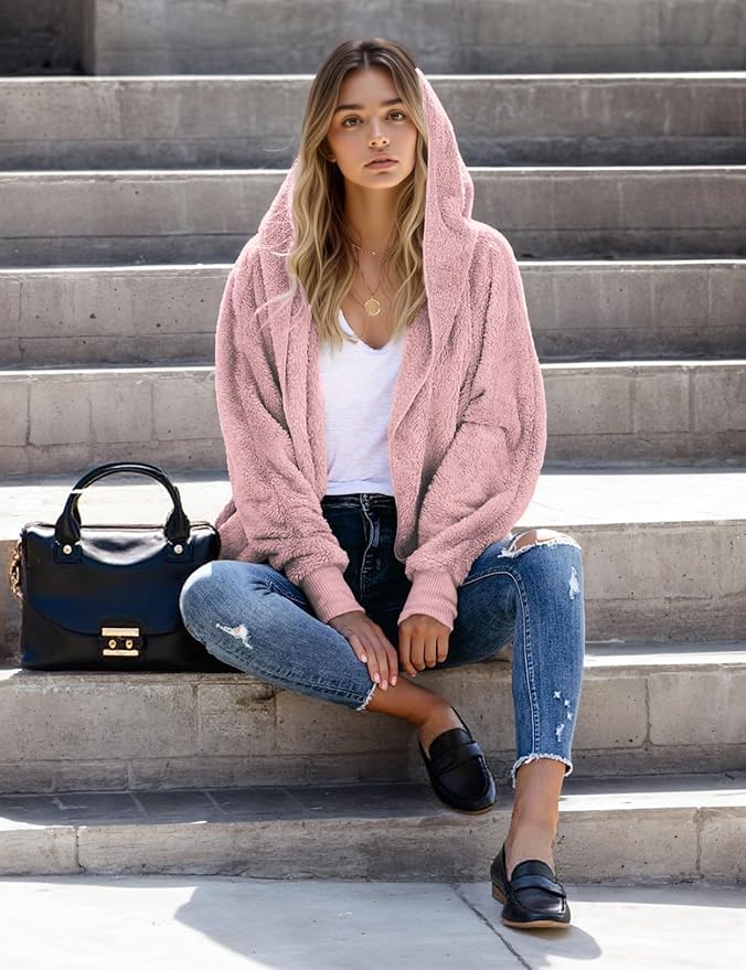 Zilcremo Women Hooded Cardigan Fuzzy Jacket Winter Open Front Fleece Coat Outwear with Pockets