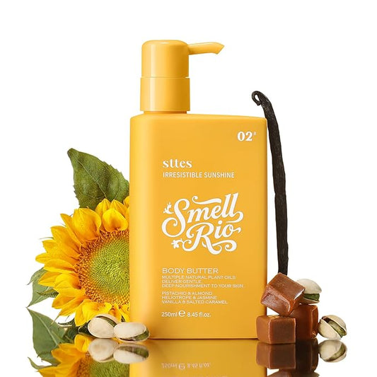 Sttes Smell Rio Body Butter 02# (Irresistible Sunshine) Pistachio, Almond, Vanilla & Salted Caramel Scent Fast-Absorbing Firming Body Cream with Coconut & Jojoba Oils, Caffeine, 250ml