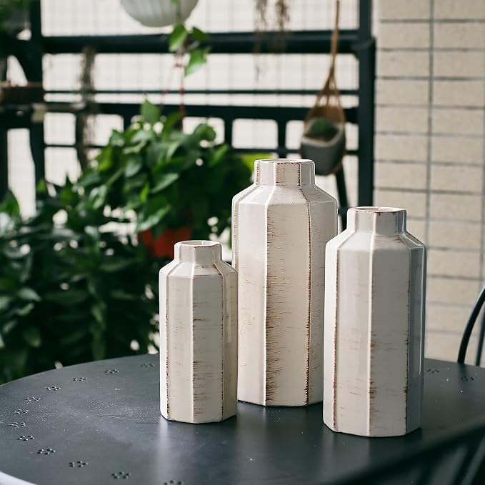 Ceramic Rustic Farmhouse Vase Set of 3,Ice Cracked Glazed Terracotta Vase | Large Vases for Decor,Fall Decoratiion Vases for Home, Table, Living Room, Shelf