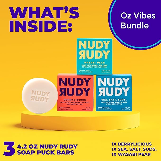 Oz Vibes Bundle Par Soap Pucks, Includes Berrylicious, Sea. Salt. Suds., Wasabi Pear, Made with Organic Shea Butter, Pure Plant Oils, Triple Milled Bars, All Skin Types, 4.2 oz Each - Pack of 3