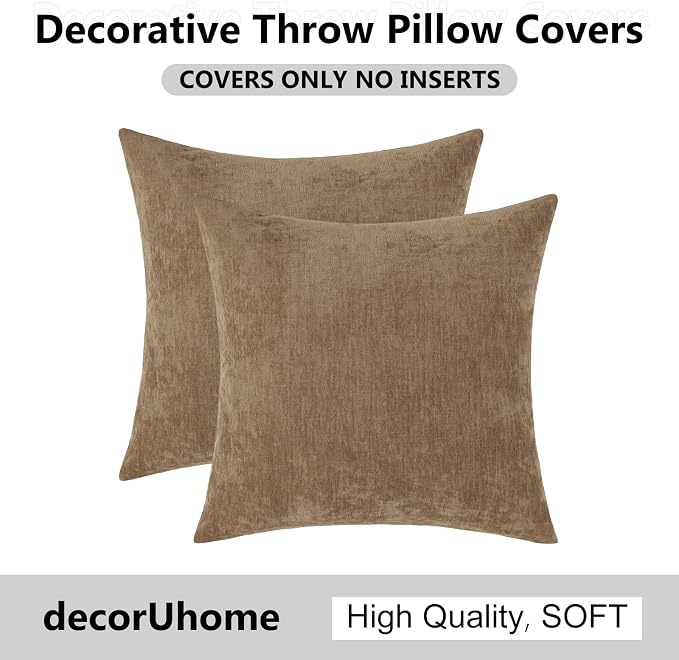 decorUhome Soft Chenille Brown Throw Pillow Covers 24X24 Set of 2 | Decorative Fall Couch Pillow Covers Solid Dyed Accent Modern Euro Sham Farmhouse Neutral Square Pillow Cases for Sofa
