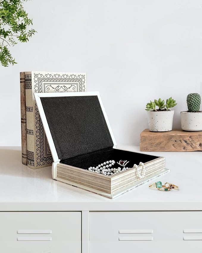 Decorative Wooden Book Box - Vintage Faux Book Boxes for Home Decor, Secret Storage with Magnetic Closure, Antique Style, Linen Cover Design, Perfect for Home Office Bookshelf, 10x7x1.6 Inches